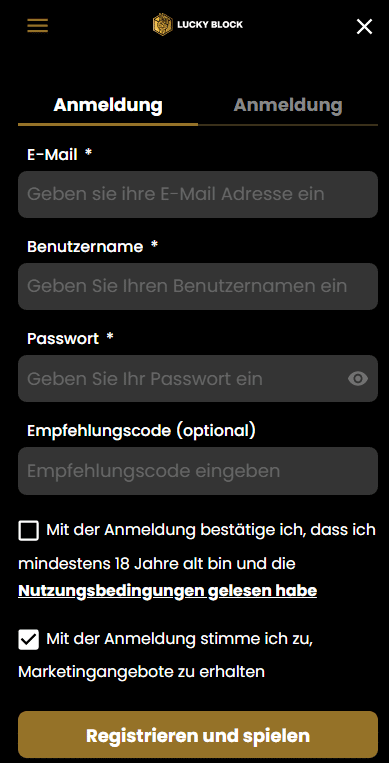 Kontoeröffnung und Einzahlung bei LuckyBlock