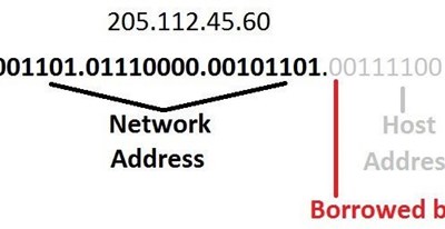 Beispiel für eine IP-Adresse mit Netzwerkadresse, Hostadresse und ausgeliehenen Bits