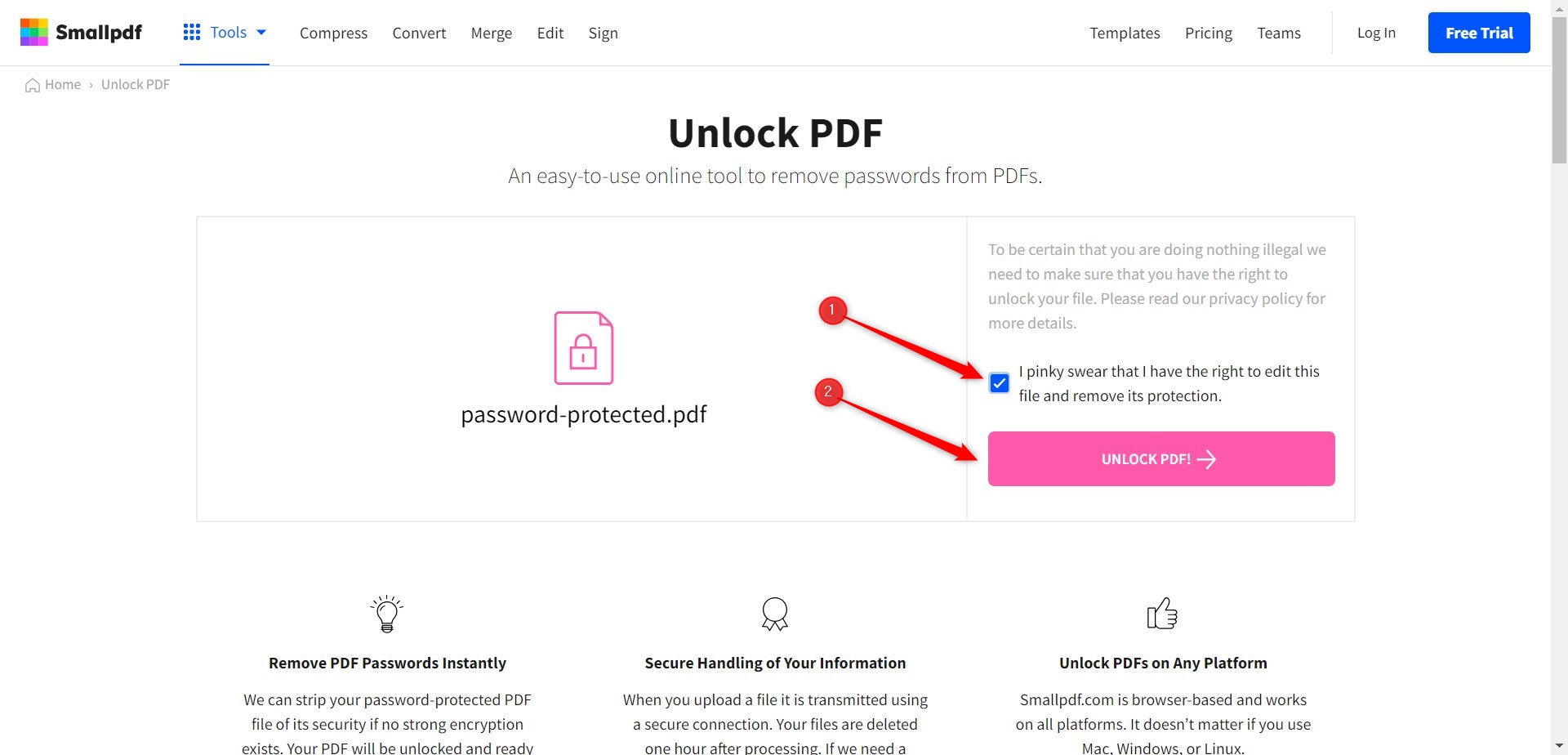 Entsperren PDF bei Smallpdf