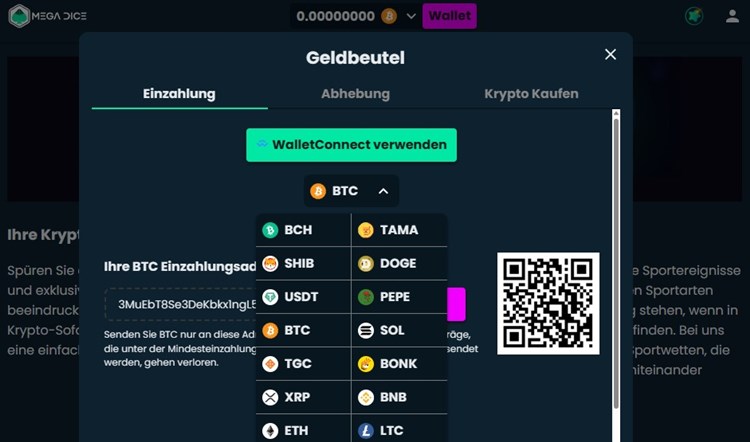 Ein- und Auszahlungen bei Mega Dice