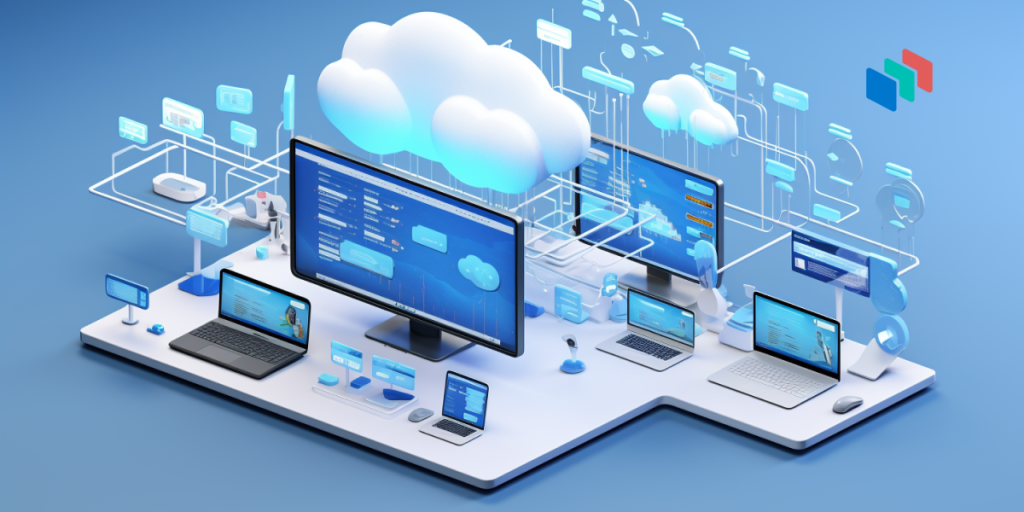 Una nube con ordenadores subiendo informacion