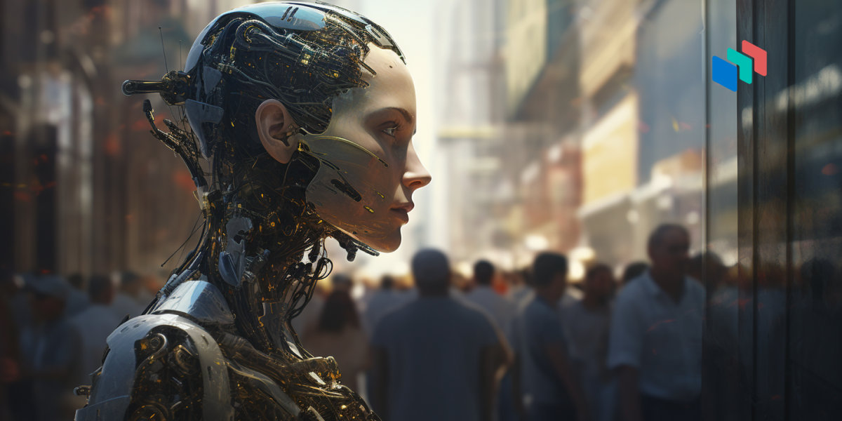 cara inteligencia artificial en la calle con humanos