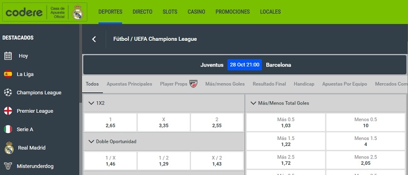 Codere ofrece uno de los catálogos más amplios en apuestas deportivas del mercado.