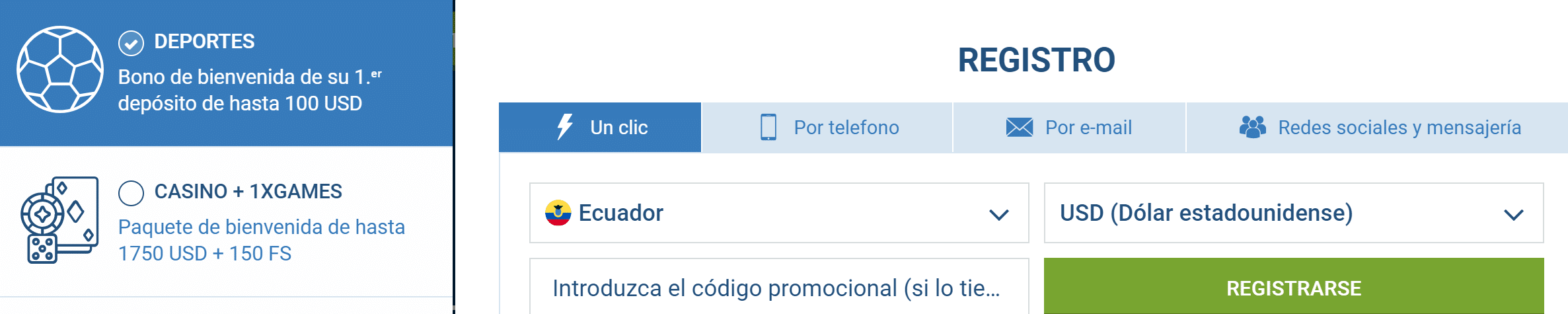 Formulario de registro 1xbet Ecuador