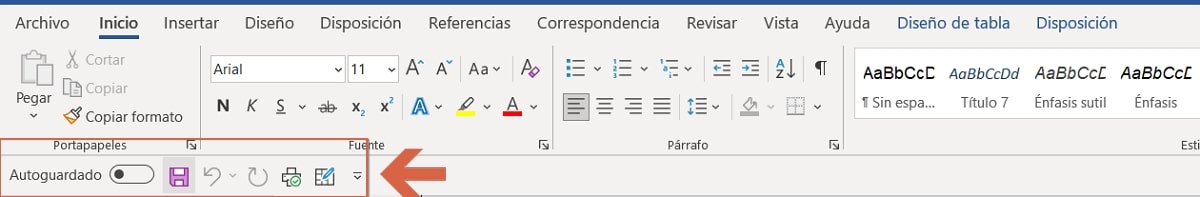 Barra de herramientas de acceso rápido en Word