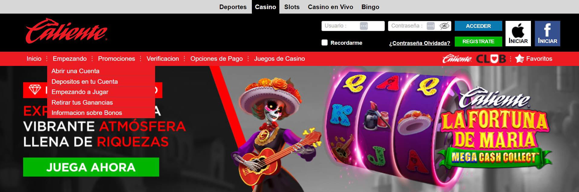 Entra al sitio web de Caliente e identifica la sección de registro 