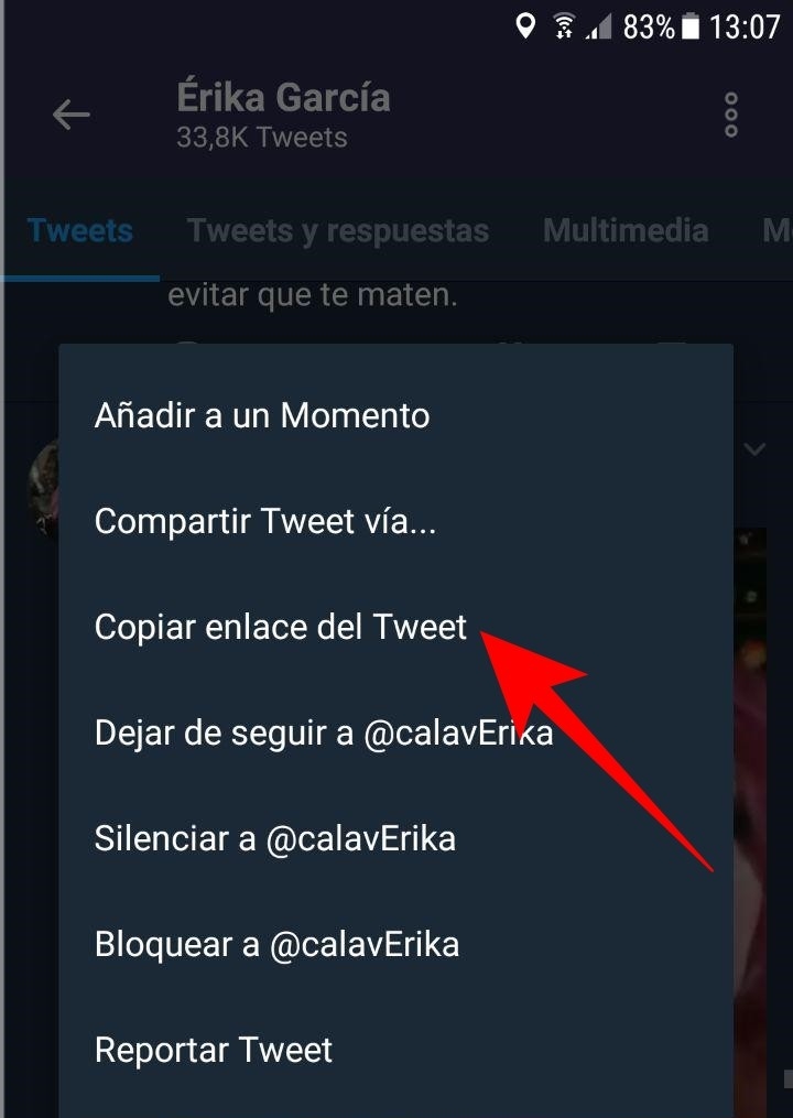 Copia el enlace del tuit