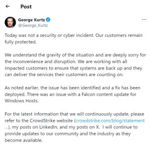 Post de X en donde George Kurtz explica las causas de la caída de Microsoft (Techopedia X).
