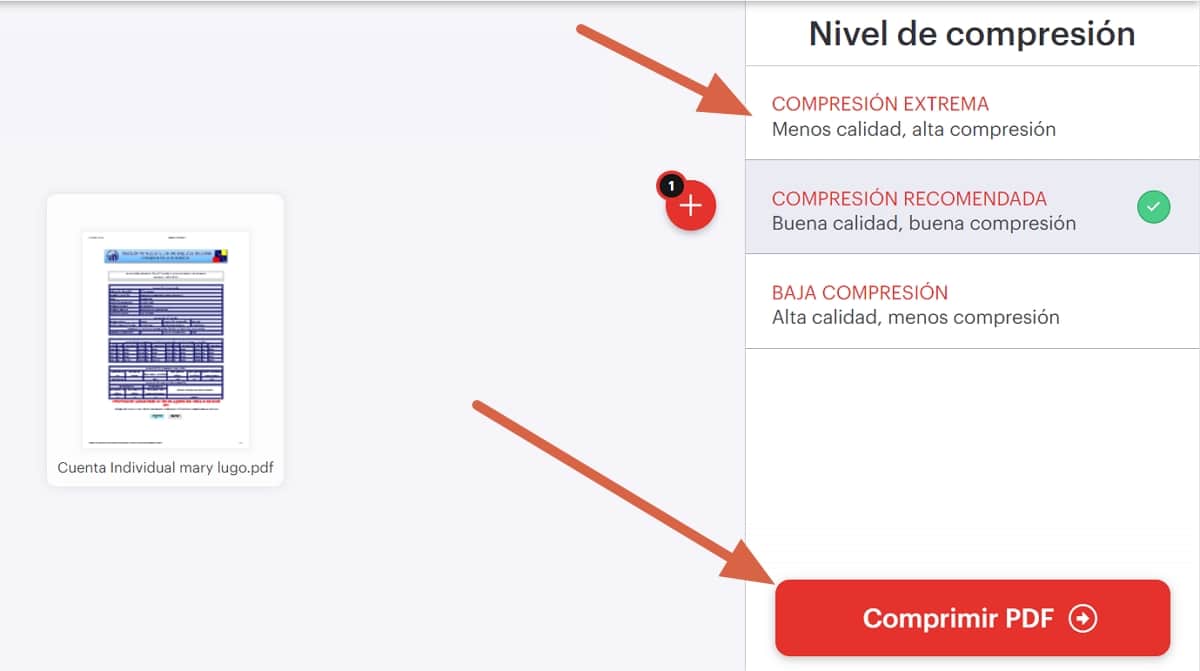 Selecciona el nivel de compresión y empieza a comprimir el PDF 