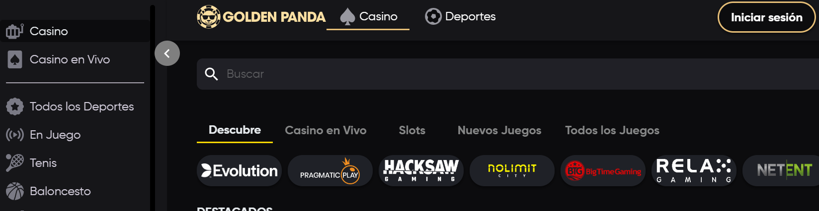 Página para registrarse en el casino Golden Panda