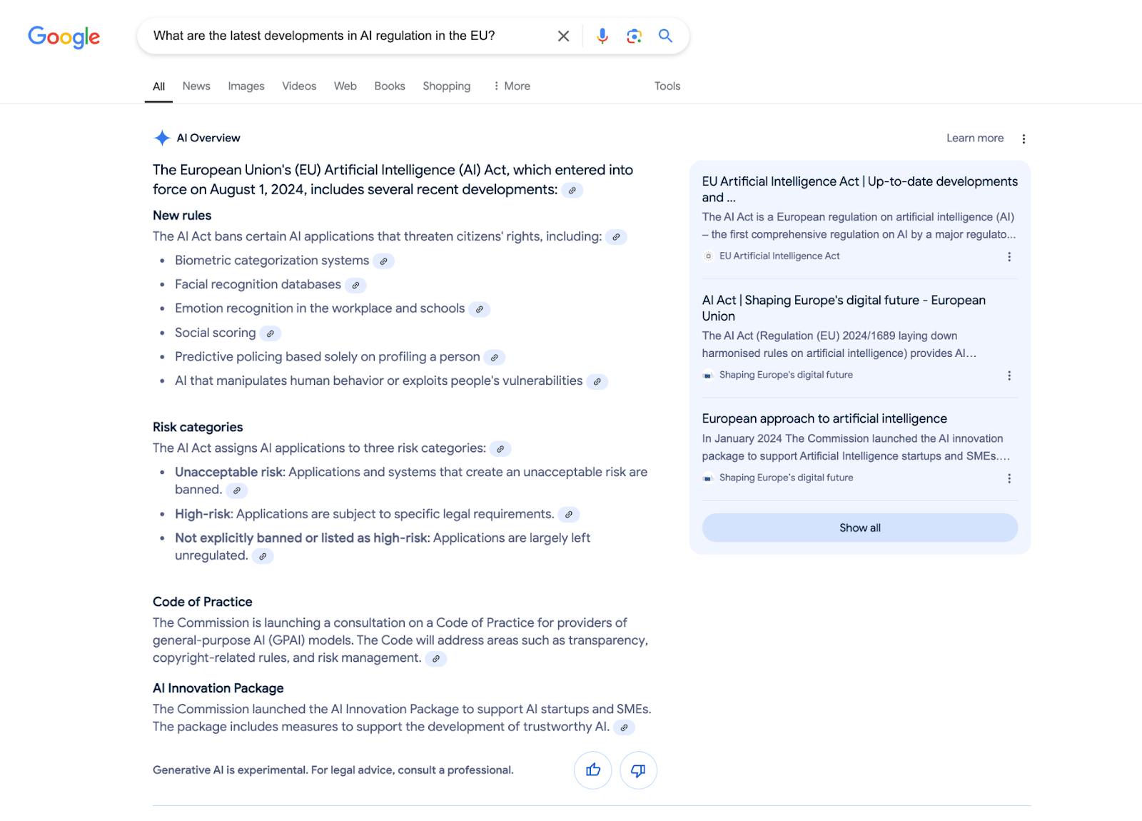 Respuesta de Google a una consulta de actualidad