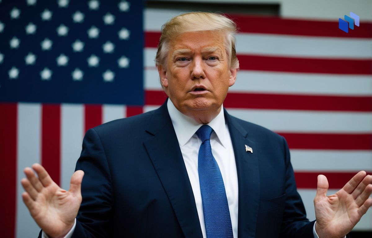 Trump con bandera de EEUU de fondo