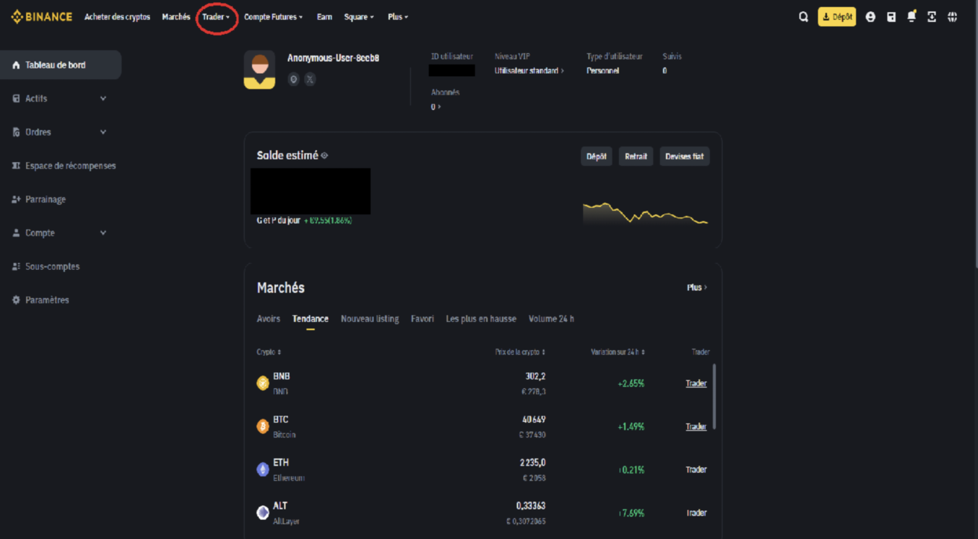 Cliquer sur « Trader » depuis le tableau de bord