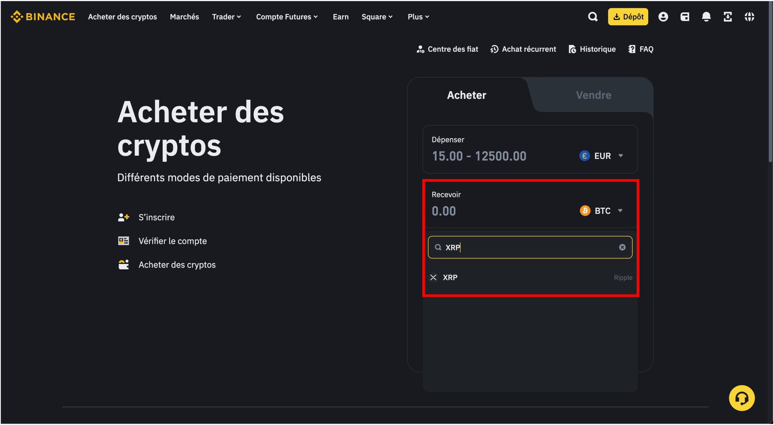 Binance - Recherche XRP