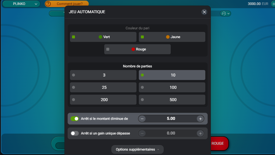 capture écran des réglages du mode automatique pour le jeu de casino Plinko