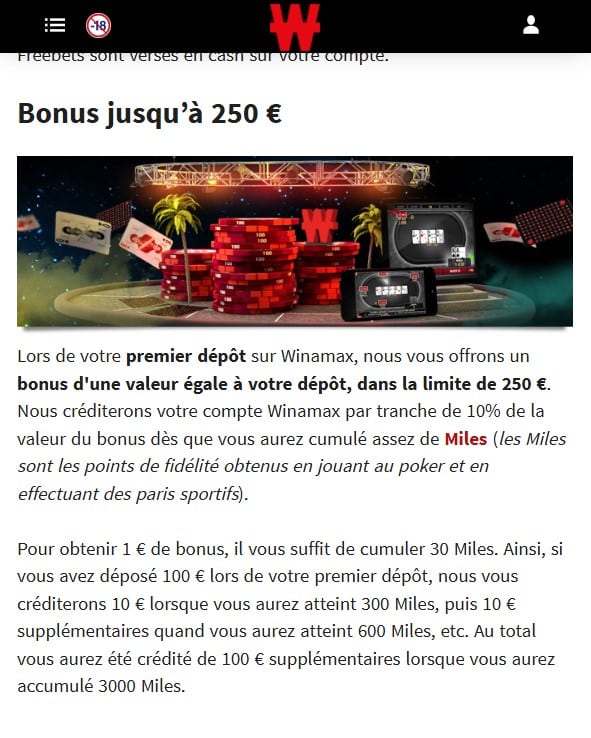 Bonus sans depot 250 euros winamax