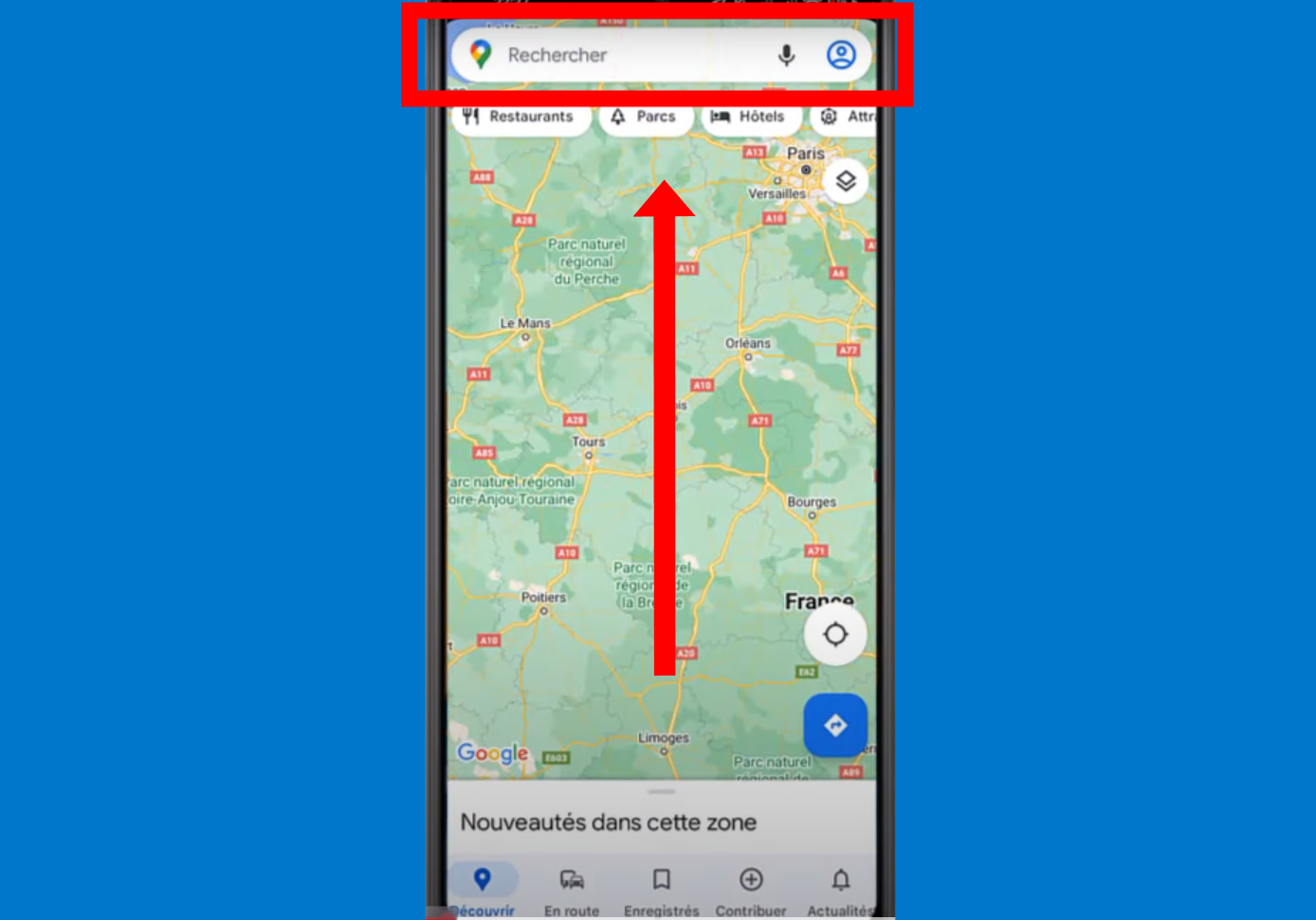 Entrez les coordonnées, le nom, ou l’adresse de l’endroit à visualiser dans la barre de recherche, qui se situe en haut de l’écran