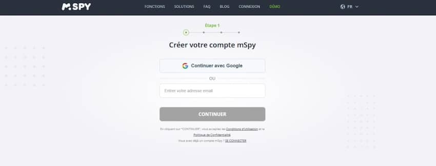 Inscription sur le site du logiciel espion