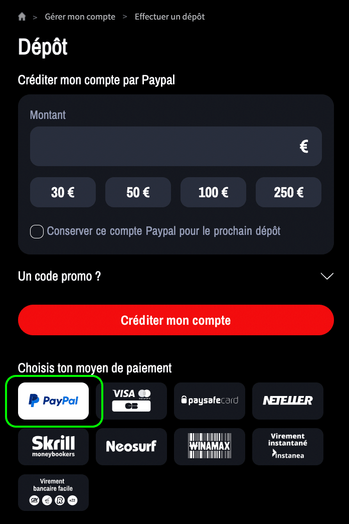 Sélectionnez l'option de dépôt PayPal