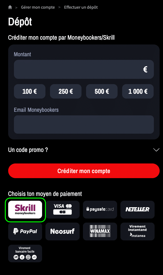 Sélectionnez Skrill comme moyen de paiement