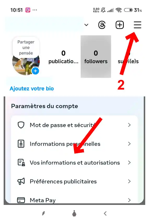 Dans le groupe Paramètres du compte, cliquez sur le lien : « Vos informations et autorisations ».