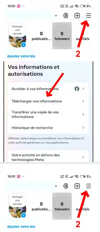 Cliquez sur le lien : « Télécharger vos informations », situé dans le menu Vos informations et autorisations.