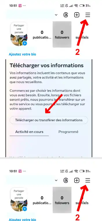 Sur l'écran suivant, cliquez sur le lien : Télécharger ou transférer des informations.