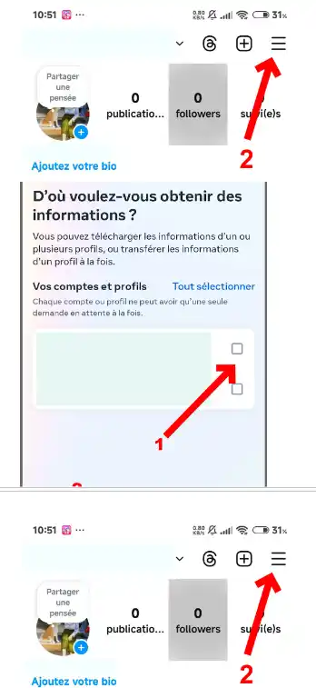 Sélectionnez le compte à partir duquel vous souhaitez télécharger les informations, puis cliquez sur le bouton : Suivan