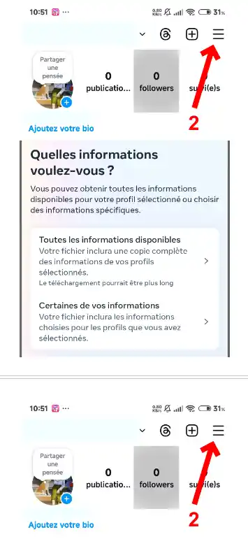 Vous pouvez cliquer sur le lien : « Toutes les informations disponibles », ce qui permet de tout télécharger, ou bien sur le lien : « Certaines de vos informations », si vous souhaitez choisir les données que vous souhaitez télécharger.