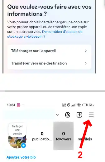 Choisissez l'appareil où vous souhaitez télécharger les informations. Vous pouvez les télécharger sur votre appareil ou les transférer vers un site tel que Google Drive ou Dropbox. Appuyez sur Suivant.