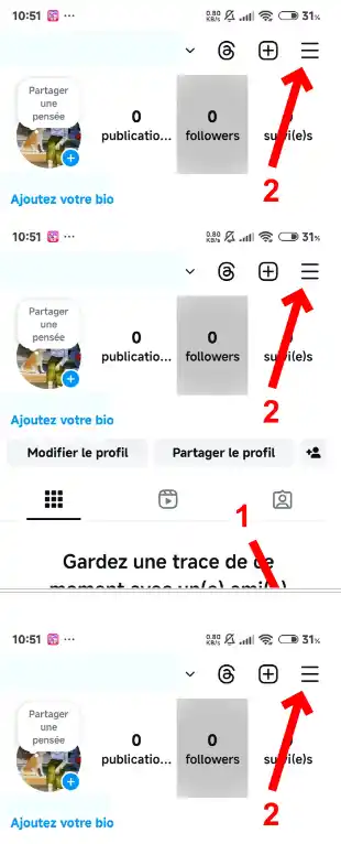 Appuyez sur une icône correspondant au menu en forme d'hamburger située en haut à droite.
