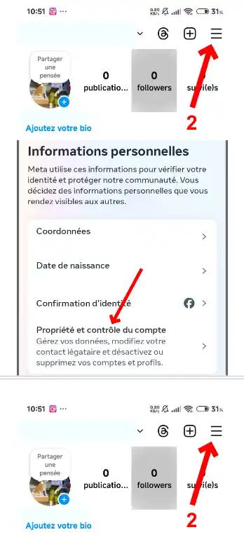 Cliquez sur le lien : Propriété et contrôle du compte, situé dans la section des informations personnelles