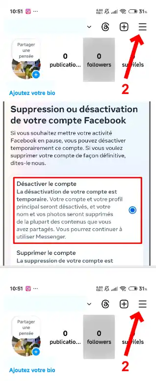 Dans l'écran suivant, sélectionnez Désactiver le compte, puis appuyez sur Continuer.