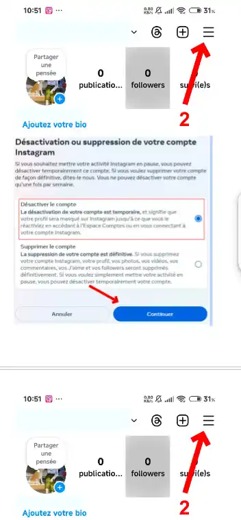 Sélectionnez Désactiver le compte, puis cliquez sur Continuer.