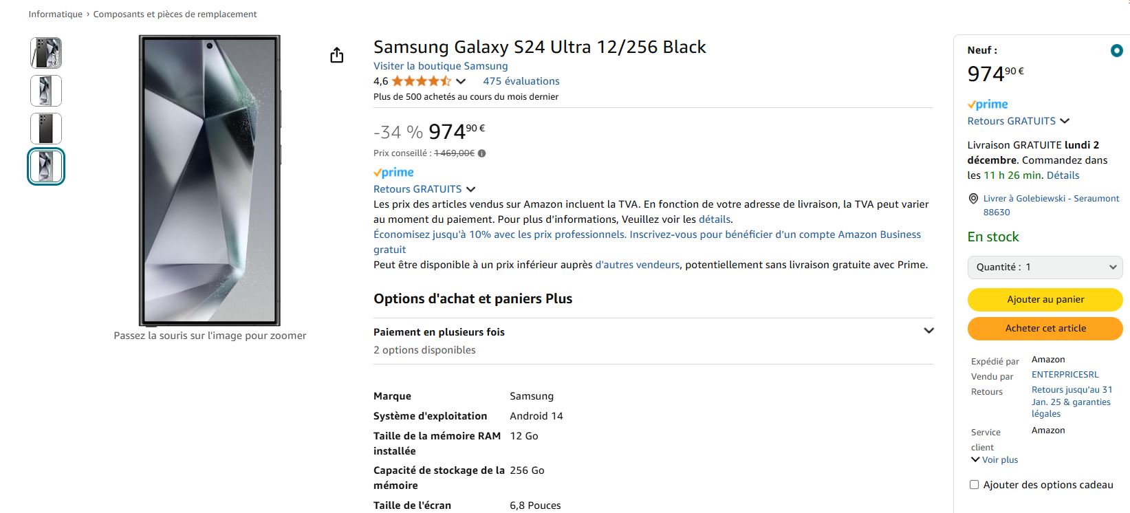 black friday samsung s24 ultra 256go