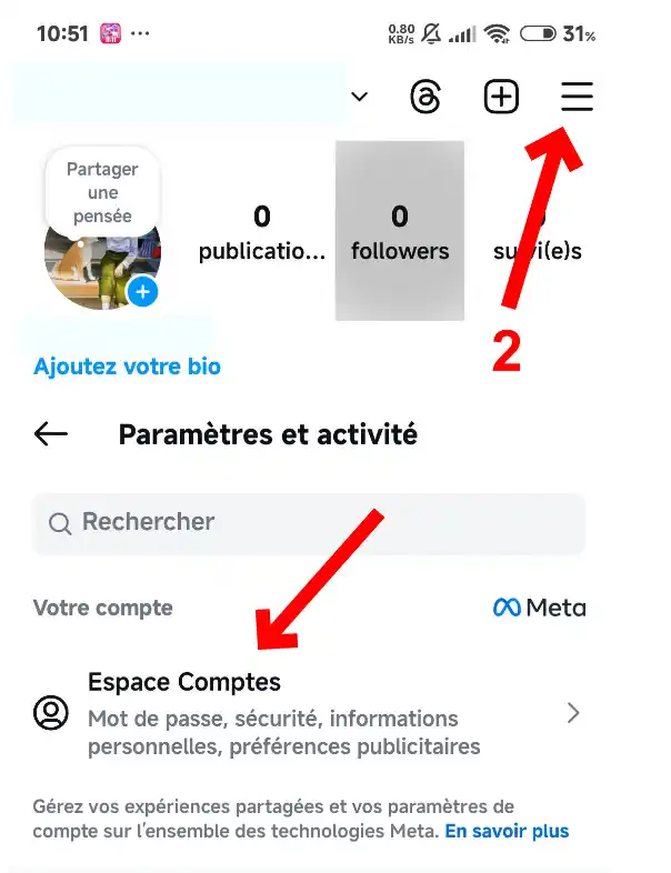 Cliquez ensuite sur le lien : Espace Comptes, situé dans le menu Paramètres et activité.