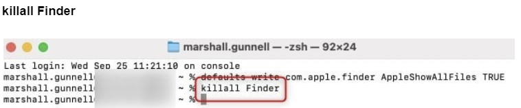 Ensuite, vous devrez redémarrer l’outil Finder pour appliquer les modifications. Tapez cette commande et appuyez sur Entrée pour l'exécuter.