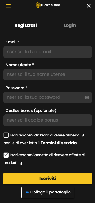 Passaggio 1: Vai sul sito di Lucky Block e iscriviti