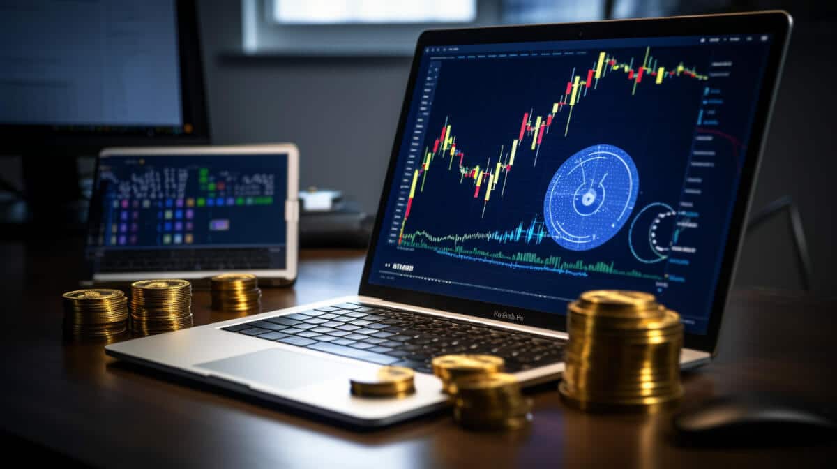 仮想通貨分析を示唆するコインとともに金融チャートを表示しているラップトップ