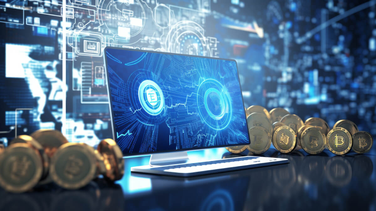 暗号通貨のグラフィックとシンボルを表示するコンピューター画面
