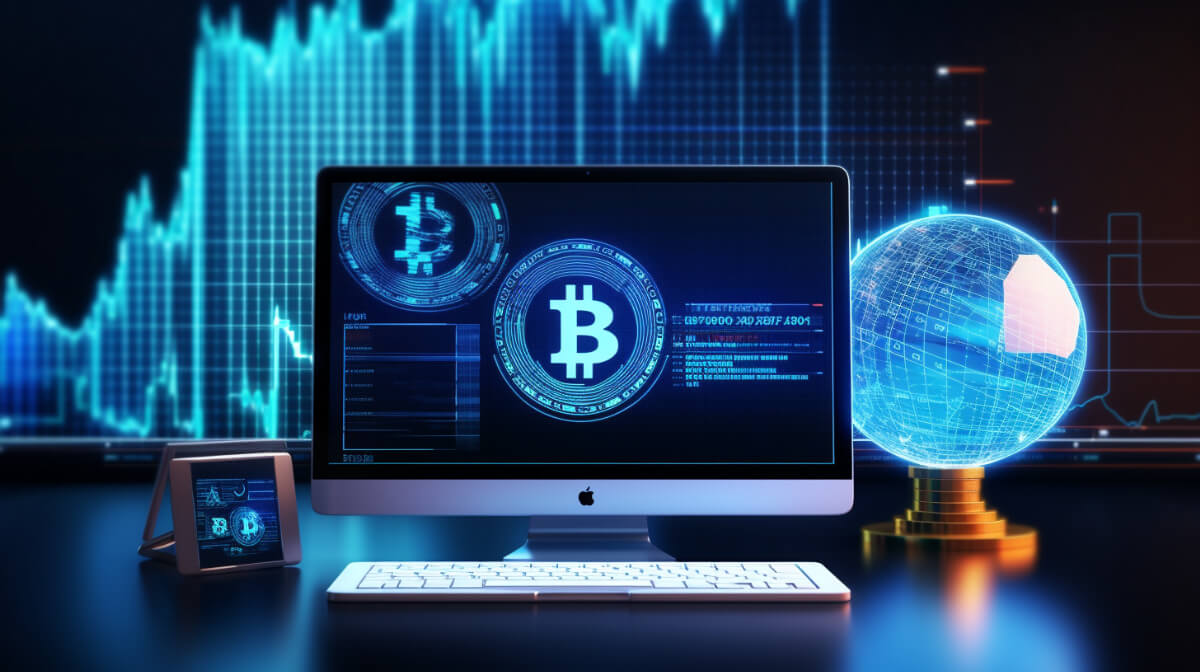 画面に輝くビットコインが表示されているコンピュータ