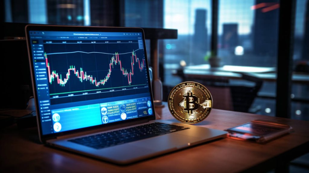 輝くビットコインとチャート画像が表示されているコンピュータ