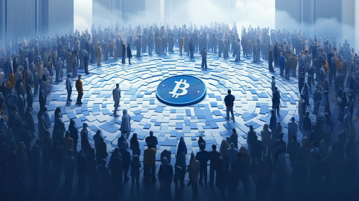 床に描かれた大きなビットコインのシンボルを囲む人々