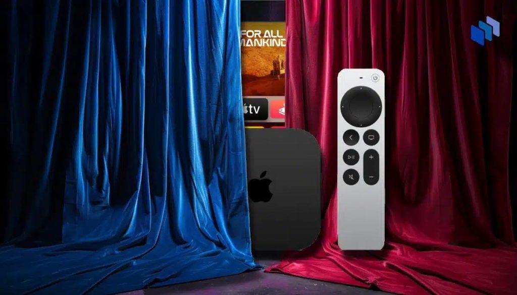 アップルTVとリモコンが幕の向こうから顔をのぞかせている。