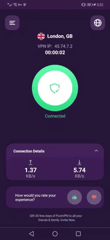 AndroidのPureVPN UI