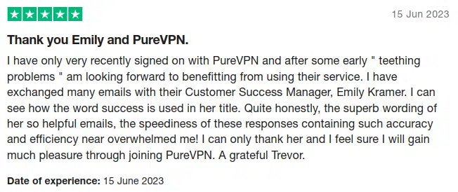 PureVPNに対する肯定的なTrustpilotレビュー