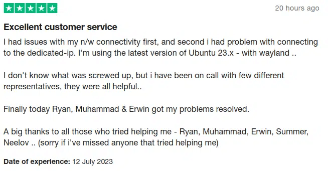TrustpilotユーザーがPureVPNのカスタマーサービスを称賛