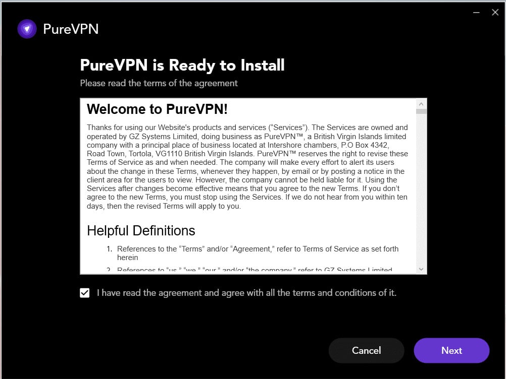 PureVPNの利用規約ページ