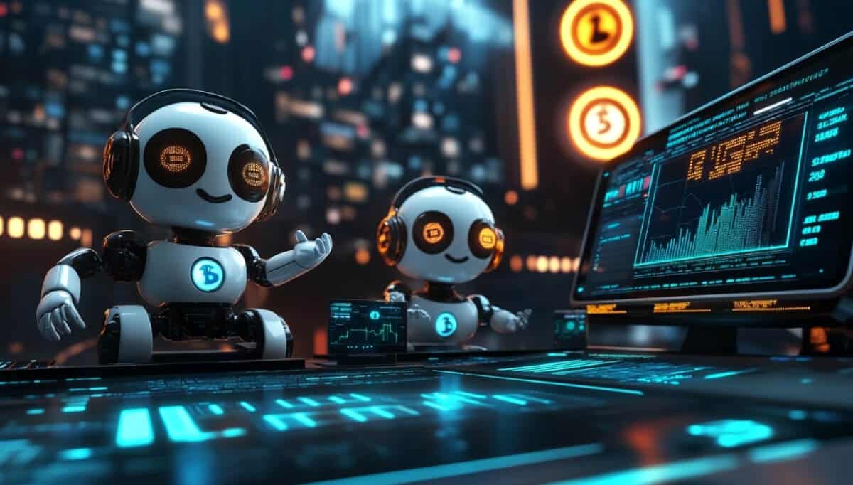 デジタル空間の中でステーブルコインの価格変動を監視する2体のAIロボット