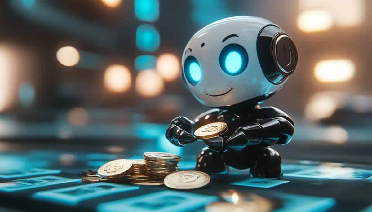 デジタル空間の中でコインを拾い集めるAIロボット